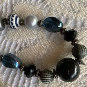 Black stone and wood hand beaded necklace. 20”